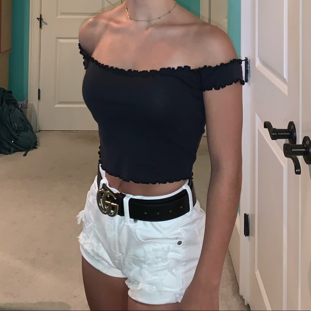 Off the Shoulder Lettuce-Edge Crop Top